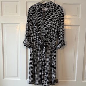 EMMA & MICHELE Geometric Black White Polka Circle Dot Shirt Dress Tie Size Large